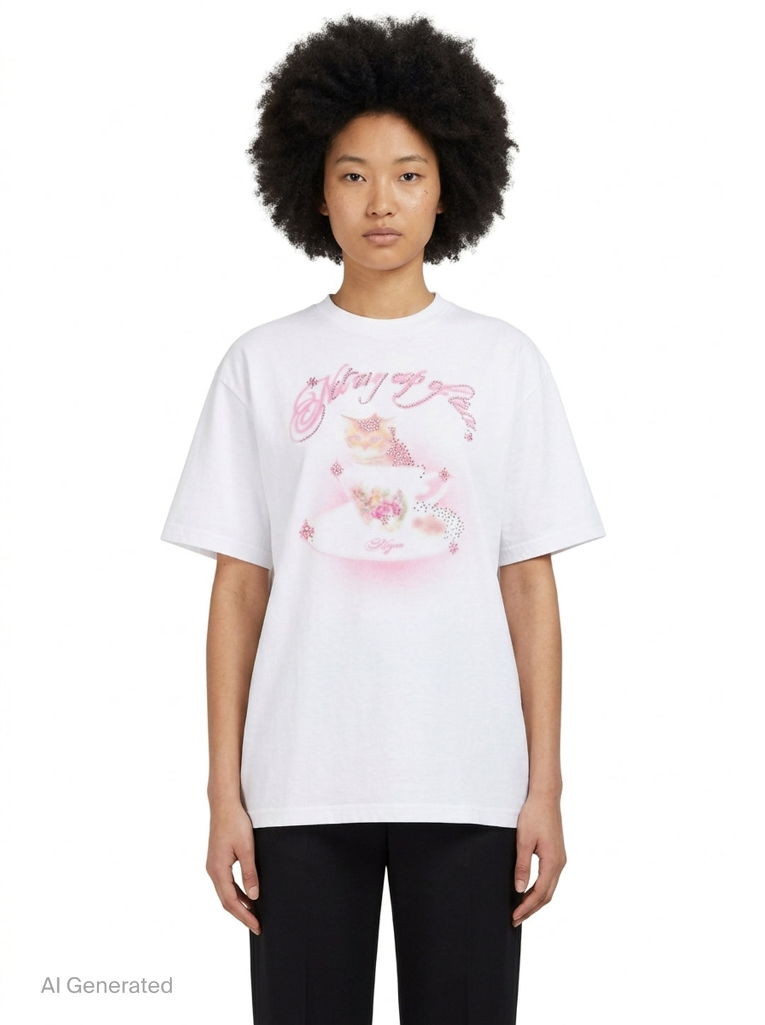 MSGM white oversized crew-neck tee featuring an airbrushed pink cat-in-a-teacup graphic with rhinestone crystal embellishments and MSGM script lettering - front