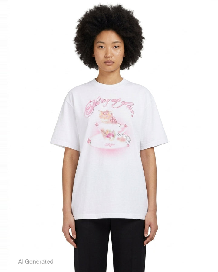 MSGM white oversized crew-neck tee featuring an airbrushed pink cat-in-a-teacup graphic with rhinestone crystal embellishments and MSGM script lettering - front