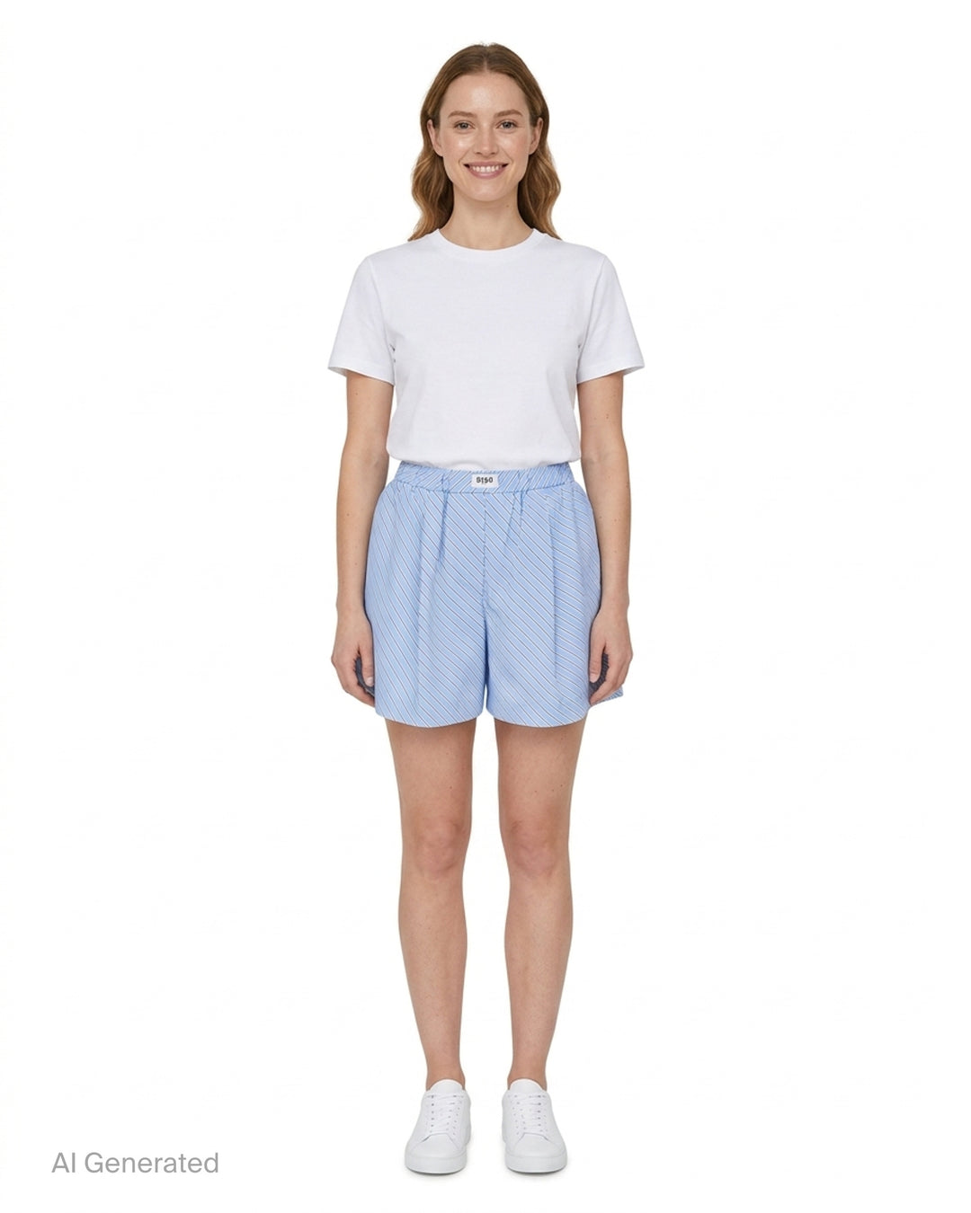 MSGM diagonal stripe shorts in light blue with a flared silhouette, elasticated waistband, and woven MSGM Milano label, front view on white background - front