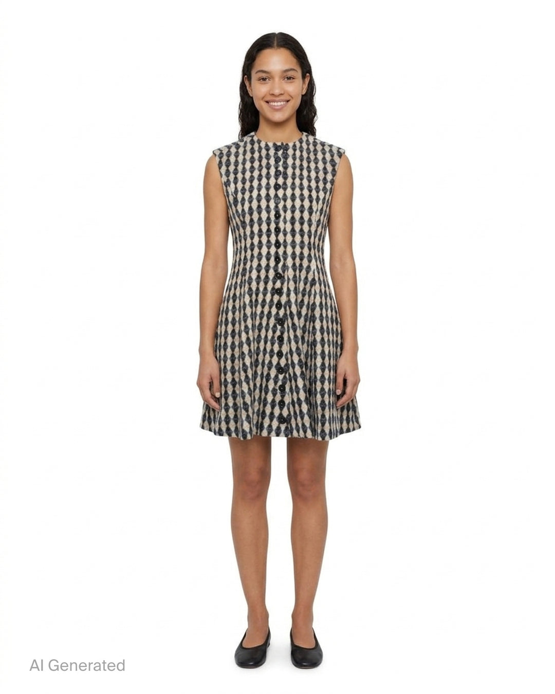 MSGM sleeveless fit-and-flare dress in beige and charcoal diamond harlequin check with full-length dark button fastening - front