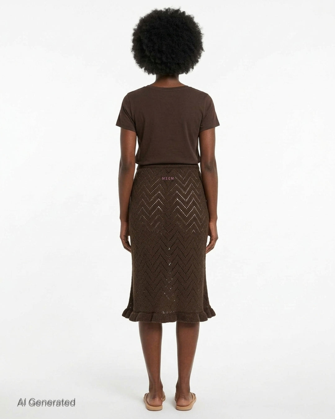 MSGM dark brown chevron pointelle knit midi skirt with ribbed waistband, pearl pin detail, and fluted ruffle hem trim, shown flat on white background - back