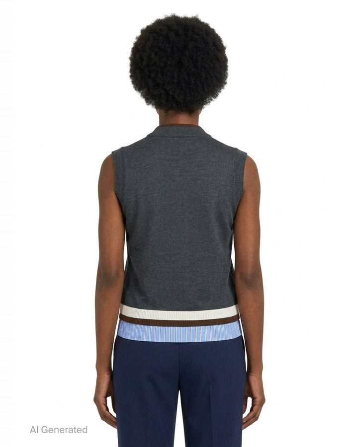 MSGM charcoal grey sleeveless knit vest with dark brown mock neck trim, trompe-l'œil striped shirting hem detail, and embroidered MSGM script logo at the front hem - back