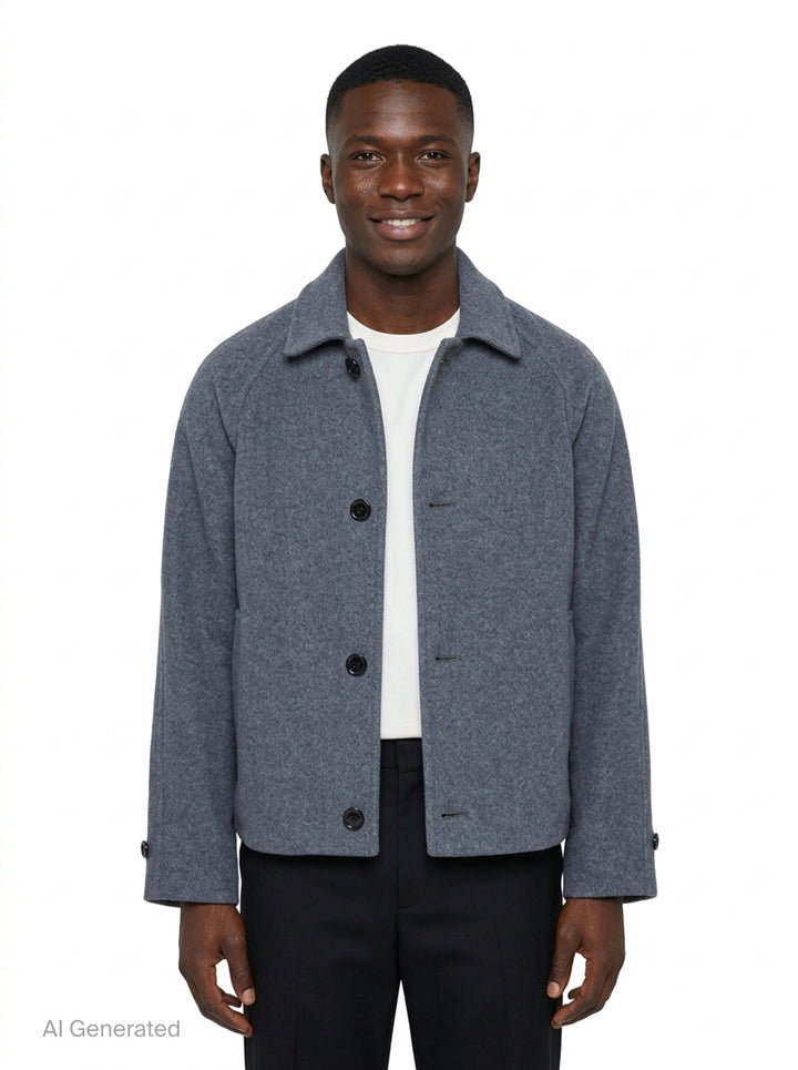 MSGM Raglan Wool Jacket in heather grey, featuring a button-through front, spread collar, raglan sleeves, and patch pocket, displayed on a white background - front