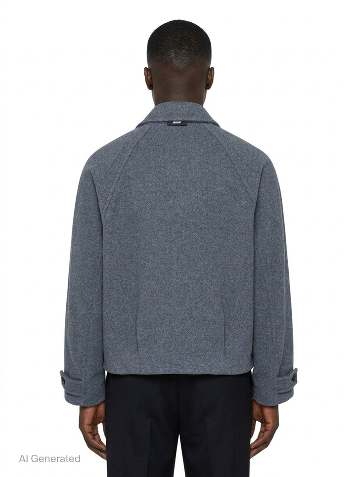 MSGM Raglan Wool Jacket in heather grey, featuring a button-through front, spread collar, raglan sleeves, and patch pocket, displayed on a white background - back