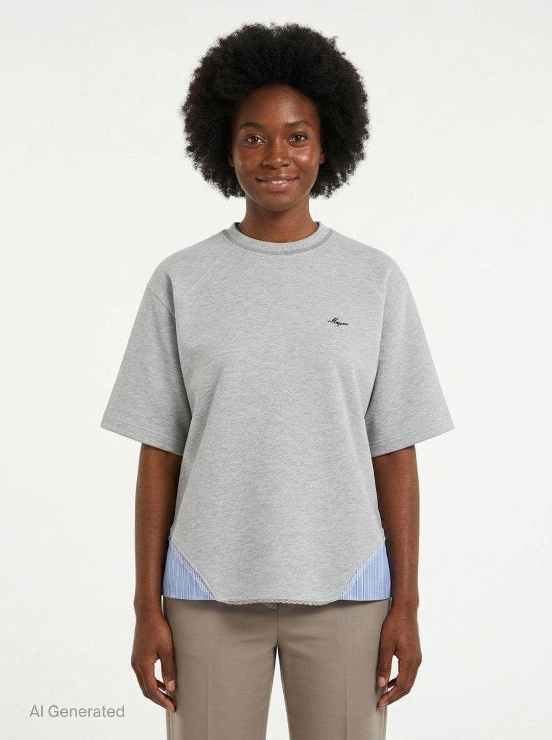 MSGM grey marl short sleeve T-shirt with blue striped fabric inserts at the hem, lace trim at the neckline, and embroidered MSGM script logo at the chest - front