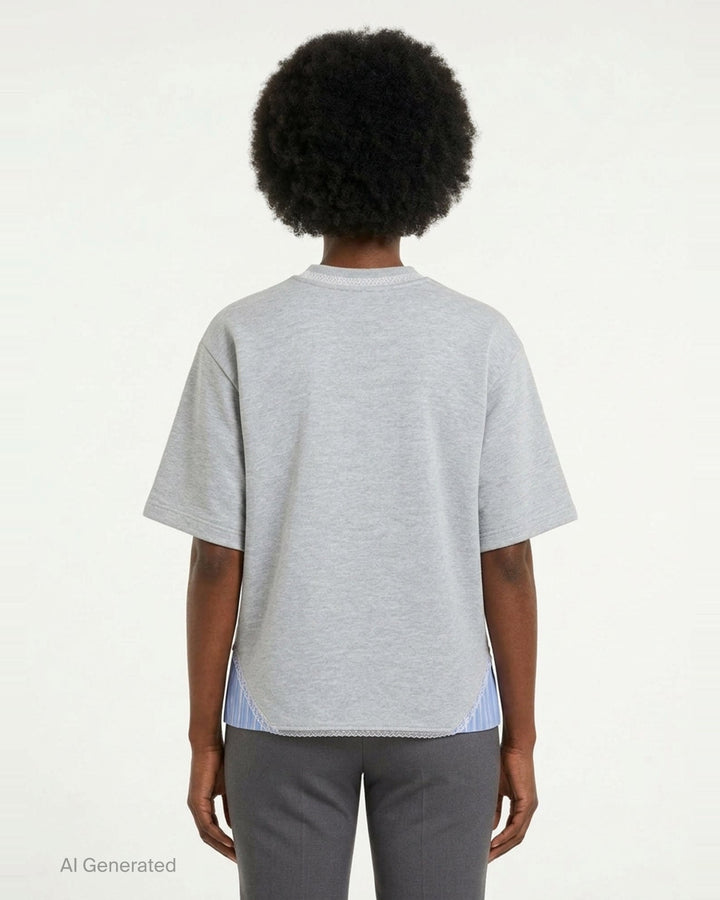MSGM grey marl short sleeve T-shirt with blue striped fabric inserts at the hem, lace trim at the neckline, and embroidered MSGM script logo at the chest - back