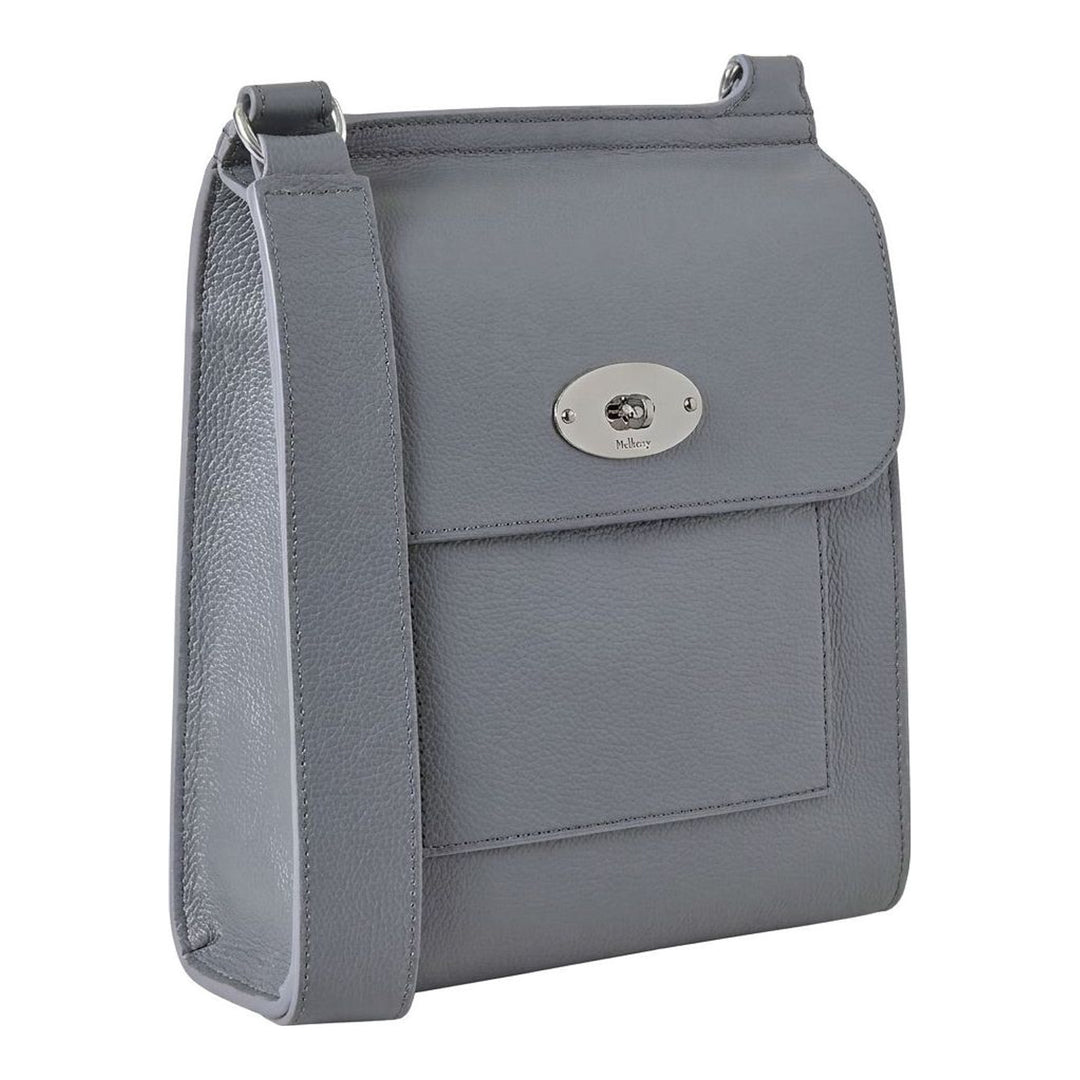 Mulberry Antony Medium Crossbody Bag in navy pebbled leather with silver-tone postman's lock closure and adjustable shoulder strap, photographed on a white background - packshot