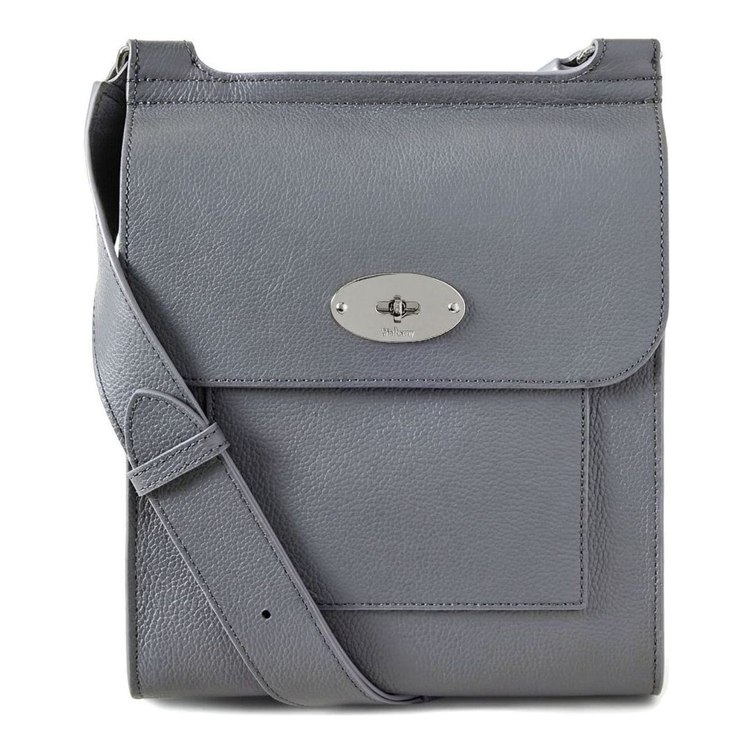 Mulberry Antony Medium Crossbody Bag in navy pebbled leather with silver-tone postman's lock closure and adjustable shoulder strap, photographed on a white background - packshot