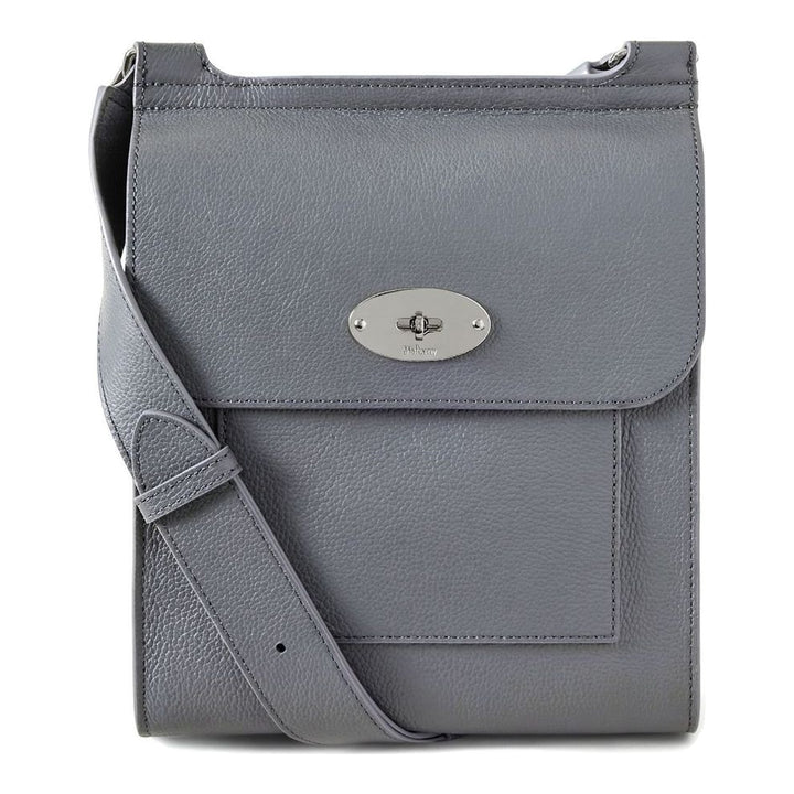 Mulberry Antony Medium Crossbody Bag in navy pebbled leather with silver-tone postman's lock closure and adjustable shoulder strap, photographed on a white background - packshot