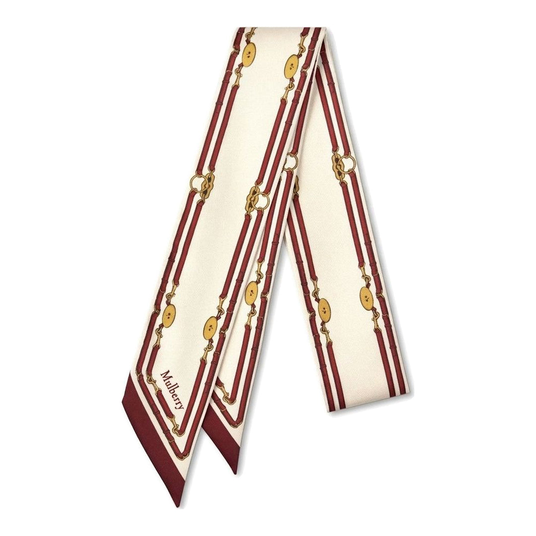 Mulberry Belted Border Skinny Scarf in cream with burgundy belt stripes and gold buckle print, folded and displayed on a light background - packshot
