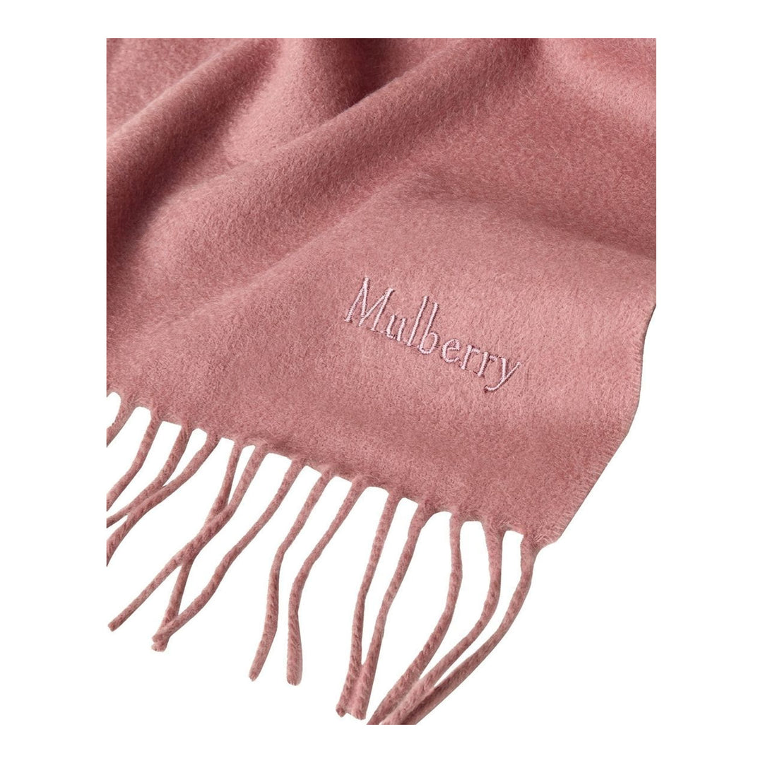 Mulberry navy cashmere scarf laid flat, 30 x 195cm, with fringe trim at both ends and tonal embroidered logo - packshot