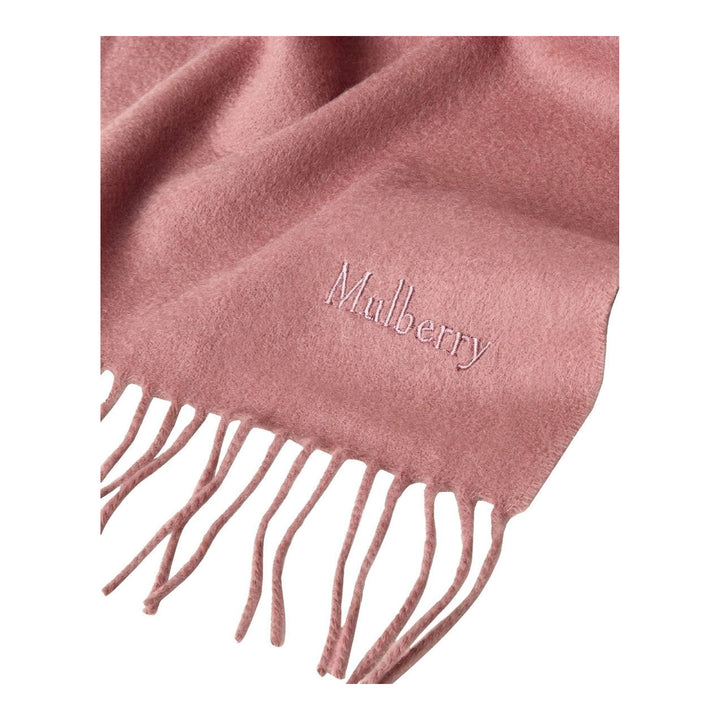 Mulberry navy cashmere scarf laid flat, 30 x 195cm, with fringe trim at both ends and tonal embroidered logo - packshot