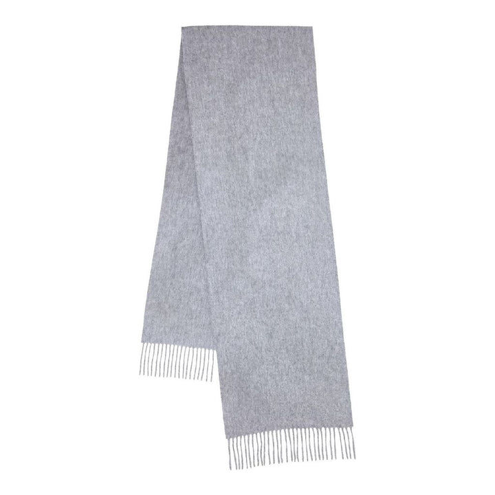 Mulberry navy cashmere scarf laid flat, 30 x 195cm, with fringe trim at both ends and tonal embroidered logo - packshot