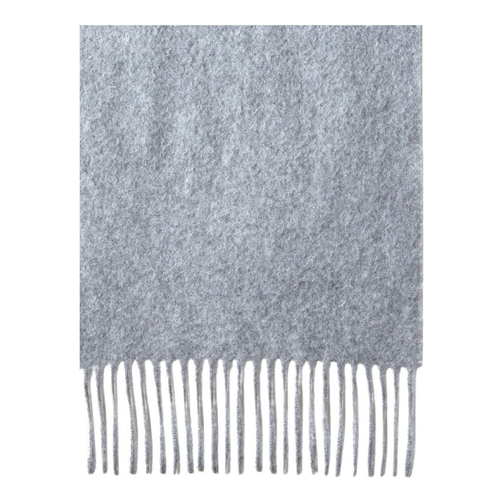 Mulberry navy cashmere scarf laid flat, 30 x 195cm, with fringe trim at both ends and tonal embroidered logo - packshot