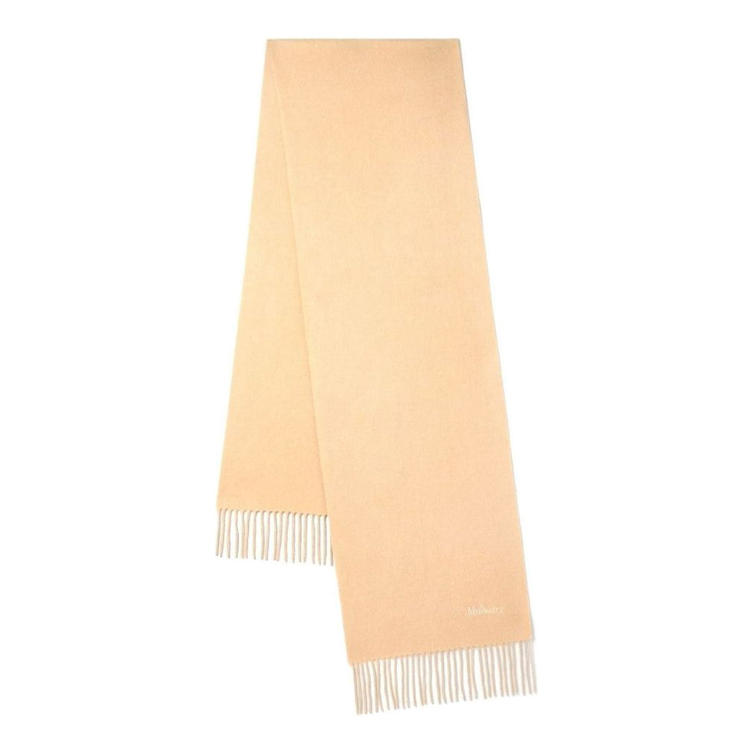 Mulberry navy cashmere scarf laid flat, 30 x 195cm, with fringe trim at both ends and tonal embroidered logo - packshot