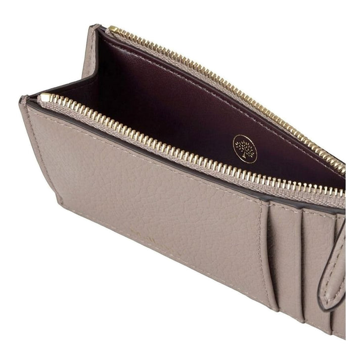 Mulberry Continental Zipped Long Card Holder in taupe pebbled leather with gold-tone zip, multiple card slots, and embossed Mulberry wordmark - packshot