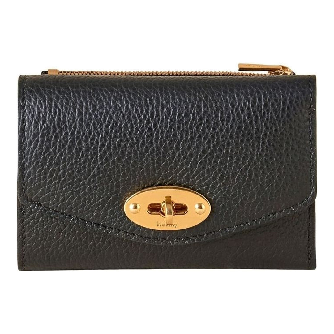 Mulberry Darley Folded Multi-Card Wallet in black pebbled leather with gold postman's lock closure and top zip compartment, front view - packshot