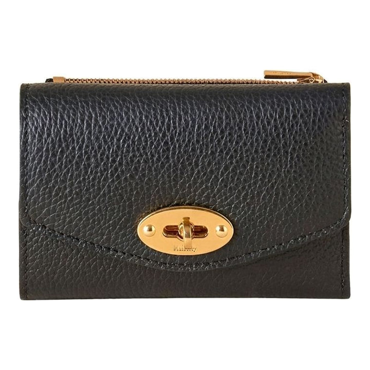 Mulberry Darley Folded Multi-Card Wallet in black pebbled leather with gold postman's lock closure and top zip compartment, front view - packshot