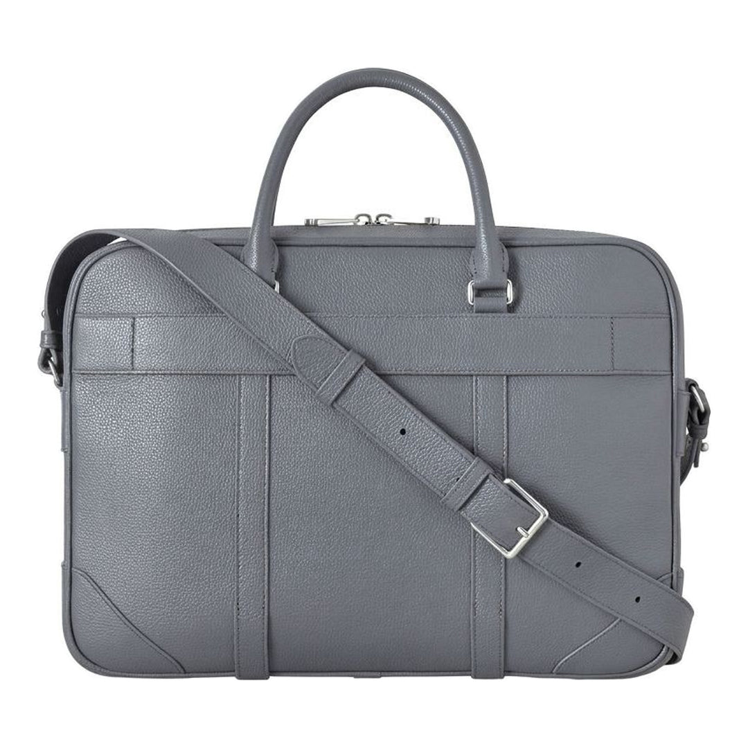 Mulberry Heritage briefcase in grey grained leather with rolled top handles, detachable shoulder strap and Tree padlock charm - packshot