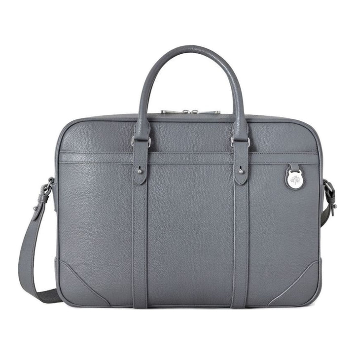 Mulberry Heritage briefcase in grey grained leather with rolled top handles, detachable shoulder strap and Tree padlock charm - packshot