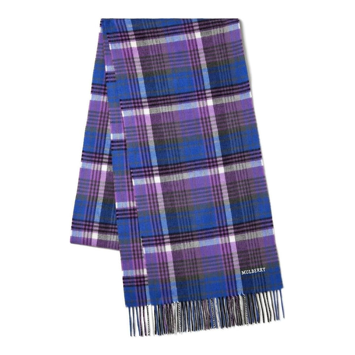 Mulberry long scarf in a blue and purple heritage check with fringed ends and embroidered logo - packshot