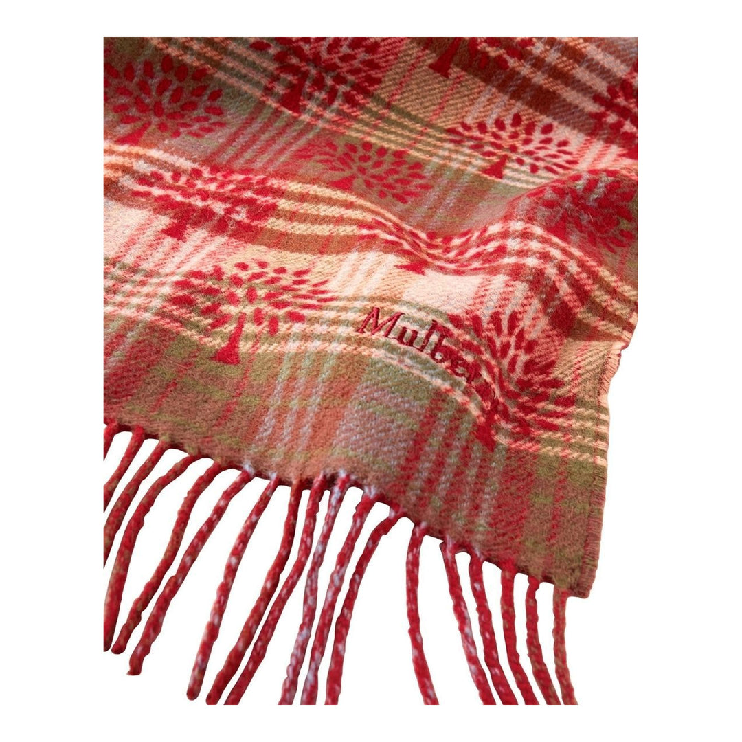Mulberry Heritage Check & Tree scarf in green, navy, and grey with tree motifs, fringed ends, and a reversible grey side - packshot