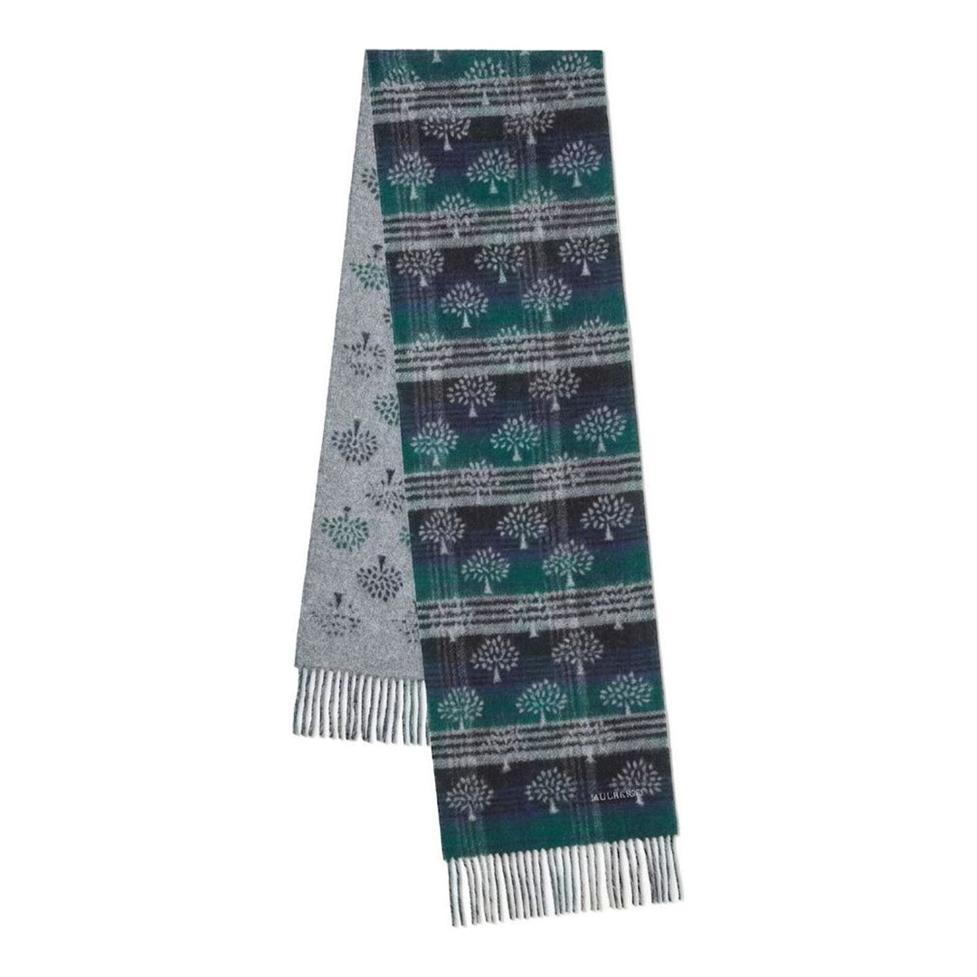 Mulberry Heritage Check & Tree scarf in green, navy, and grey with tree motifs, fringed ends, and a reversible grey side - packshot