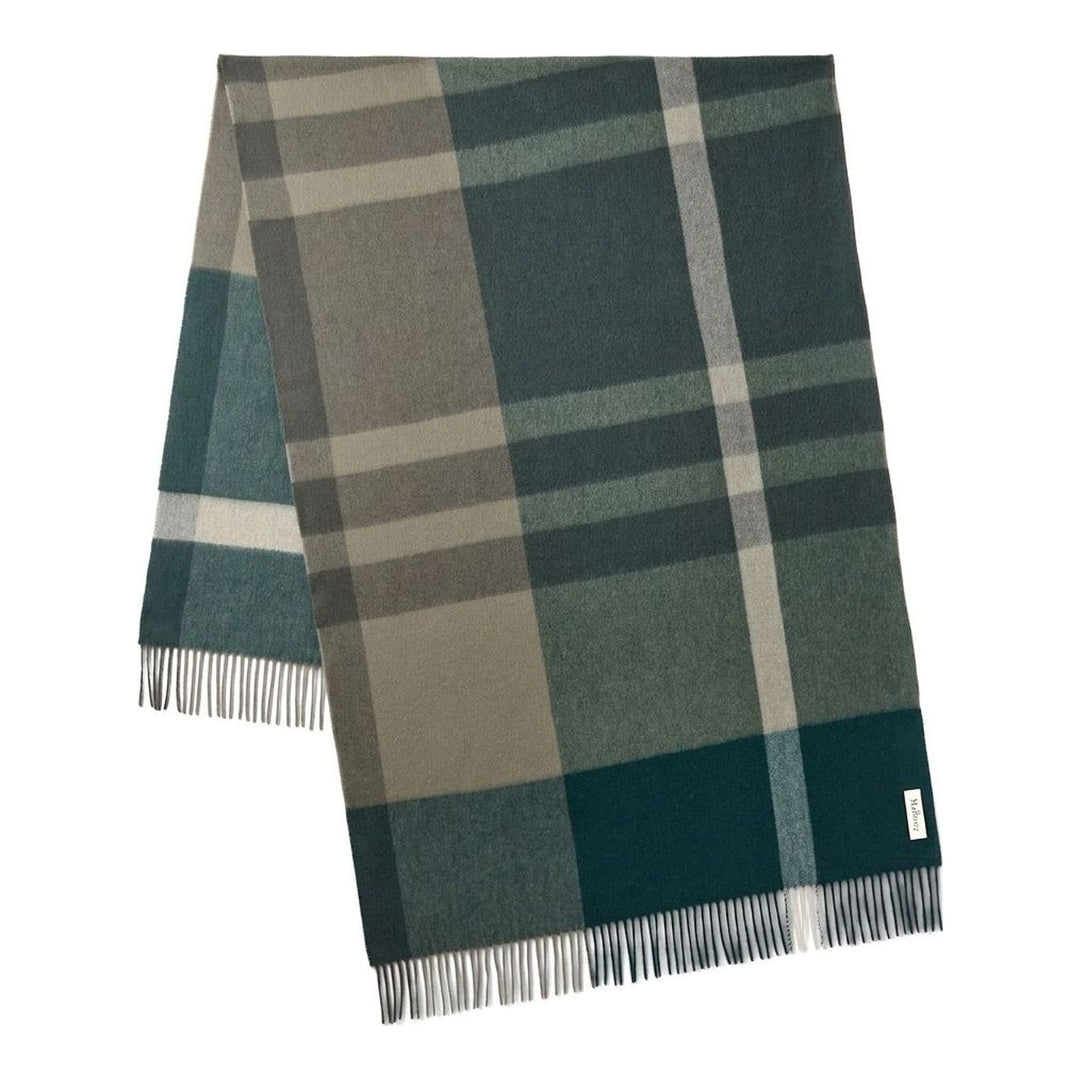 Mulberry large check merino wool scarf in green and sage tones with fringed edges and embroidered logo, folded flat - packshot