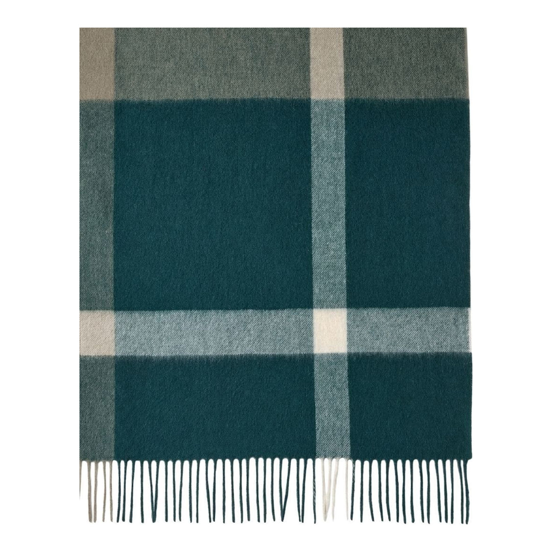 Mulberry large check merino wool scarf in green and sage tones with fringed edges and embroidered logo, folded flat - packshot