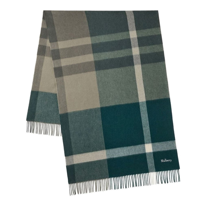 Mulberry large check merino wool scarf in green and sage tones with fringed edges and embroidered logo, folded flat - packshot