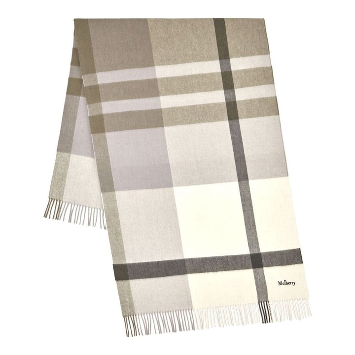 Mulberry large check merino wool scarf in green and sage tones with fringed edges and embroidered logo, folded flat - packshot