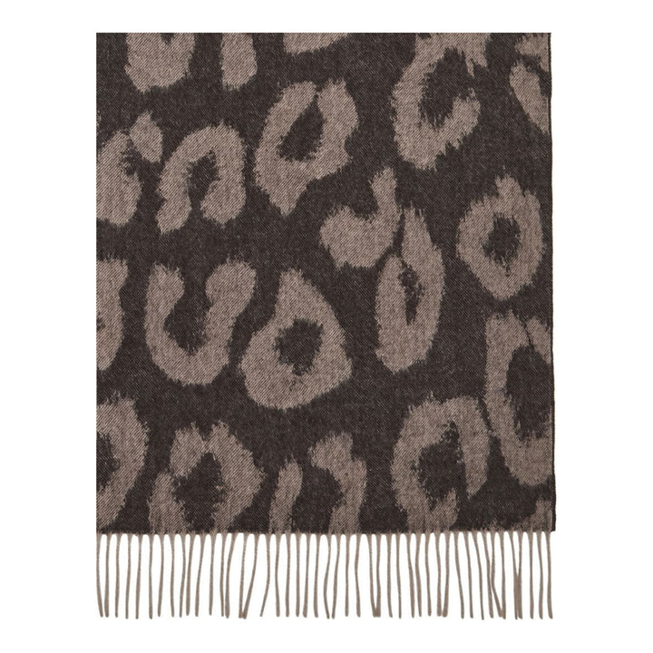 Mulberry leopard print merino wool scarf in charcoal and taupe with tonal fringed edges, folded to show the pattern and embroidered logo - packshot