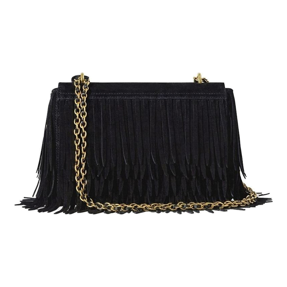 Mulberry Lily small shoulder bag in black suede with fringe trim, gold-tone Postman's Lock and leather-woven chain strap - packshot