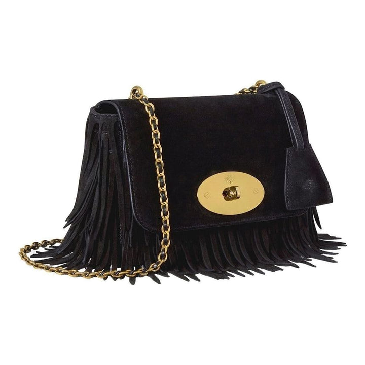 Mulberry Lily small shoulder bag in black suede with fringe trim, gold-tone Postman's Lock and leather-woven chain strap - packshot