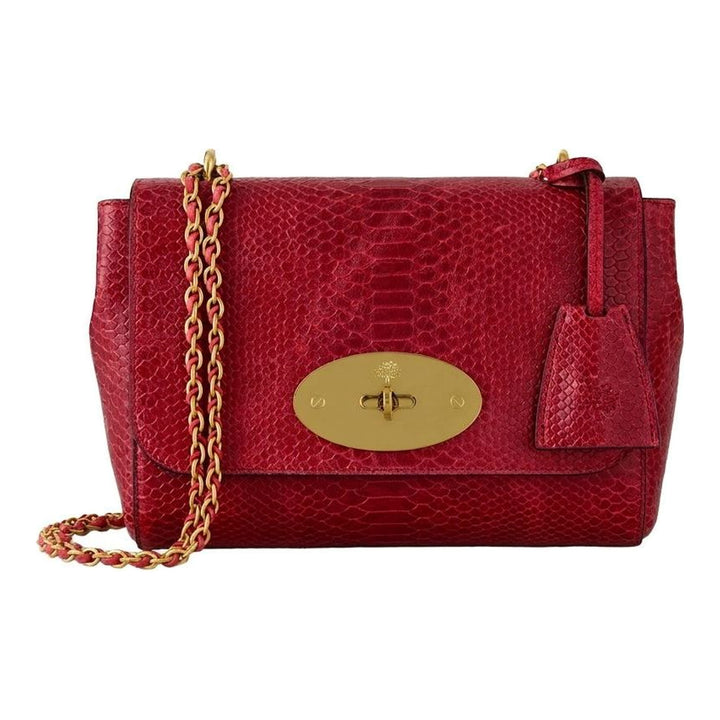 Mulberry Lily small shoulder bag in red waxed snake-print leather with brass Postman's Lock and woven chain strap - packshot
