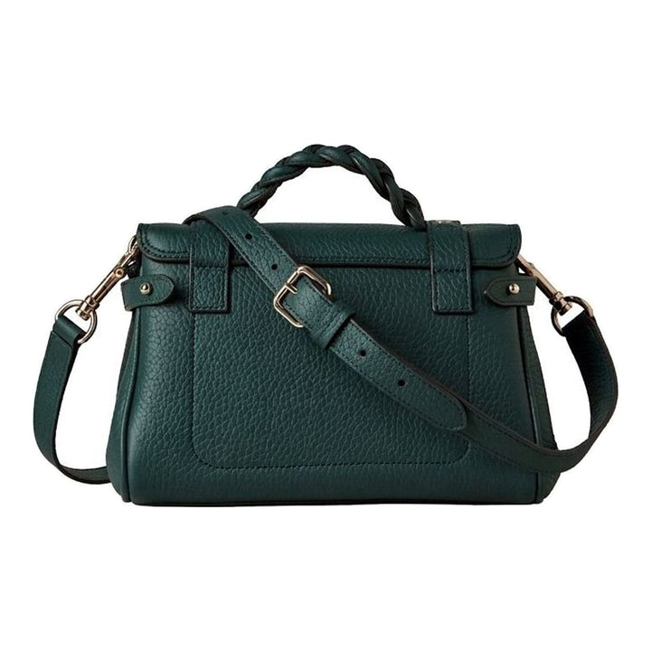 Mulberry Mini Alexa Heavy Grain leather handbag in forest green with braided top handle, gold Postman's Lock closure, decorative buckle straps, and detachable crossbody strap - packshot
