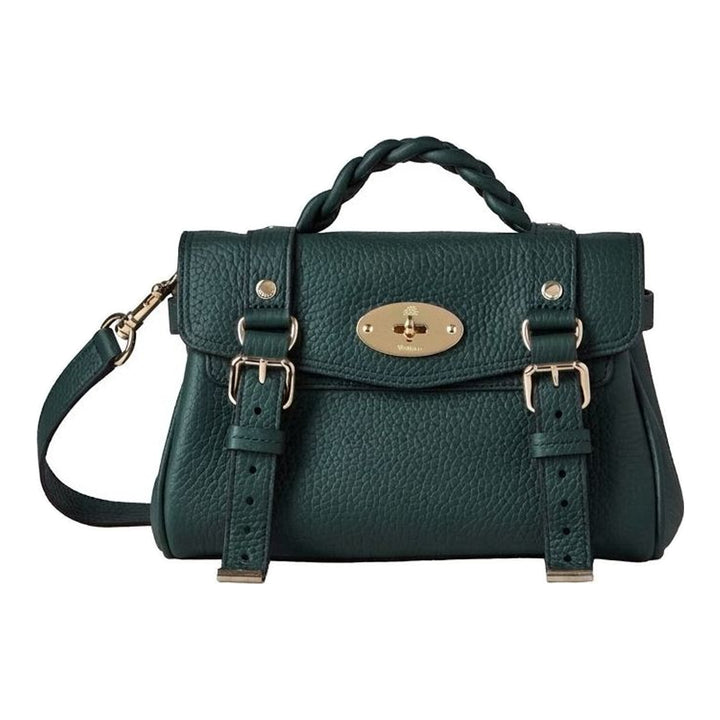Mulberry Mini Alexa Heavy Grain leather handbag in forest green with braided top handle, gold Postman's Lock closure, decorative buckle straps, and detachable crossbody strap - packshot