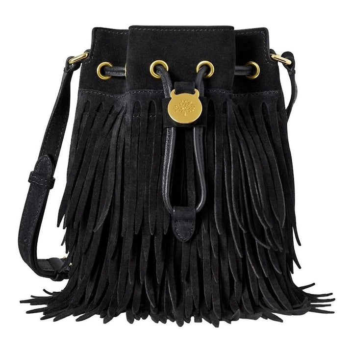 Mulberry mini black suede bucket bag with tiered fringe, gold-tone eyelets, drawstring closure with tree emblem toggle and adjustable crossbody strap - packshot