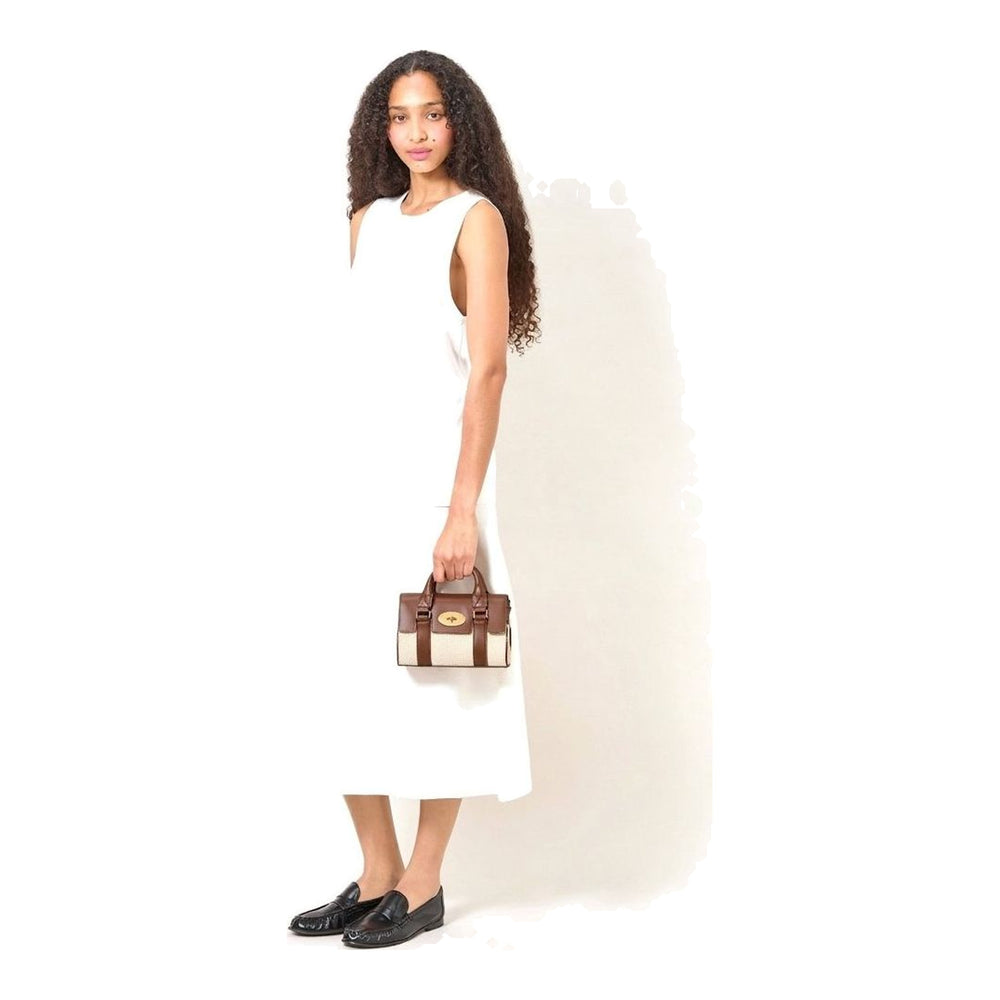 Mulberry Mini Heritage Bayswater bag in natural raffia and tan leather with gold postman's lock closure, rolled top handle, and adjustable crossbody strap - packshot