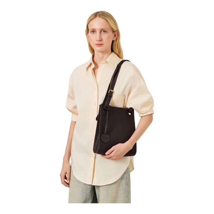 Mulberry Mini Soft Tote in dark brown Heavy Grain pebbled leather with adjustable flat crossbody strap, knotted corner attachments, and a tonal debossed tree logo charm on a leather tassel - packshot
