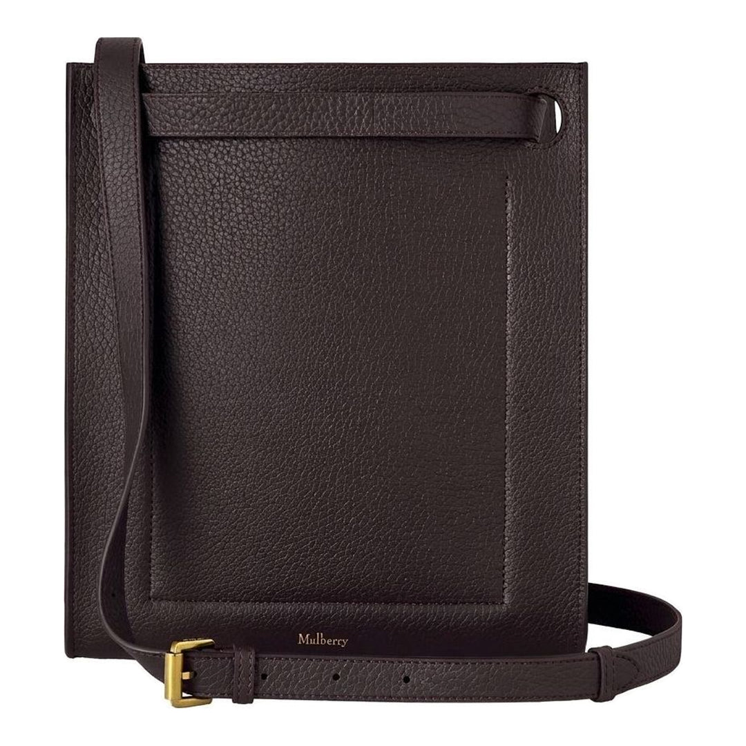 Mulberry Mini Soft Tote in dark brown Heavy Grain pebbled leather with adjustable flat crossbody strap, knotted corner attachments, and a tonal debossed tree logo charm on a leather tassel - packshot