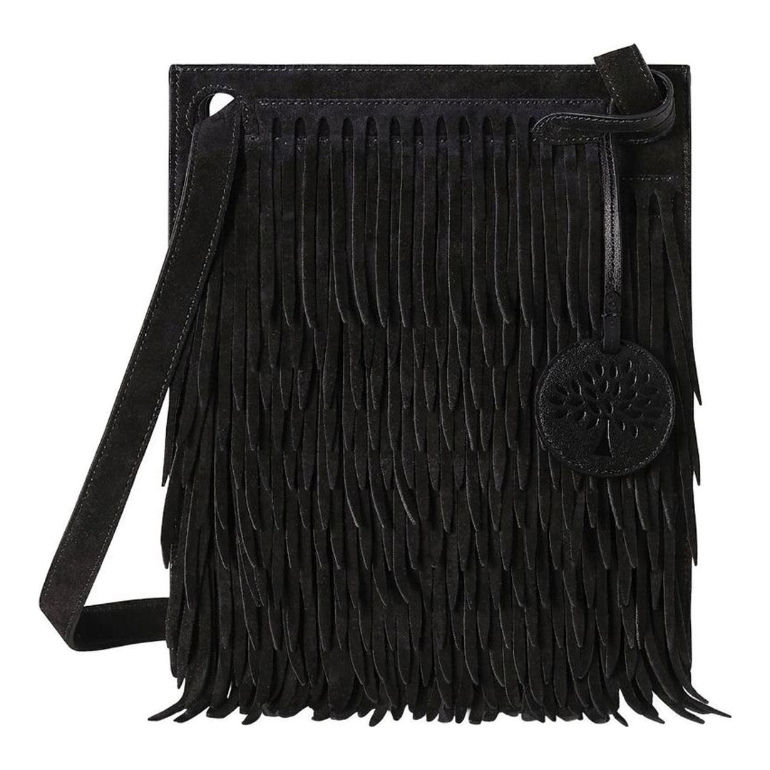 Mulberry Mini Soft Tote in black suede with layered fringing, adjustable shoulder strap and a Tree charm - packshot
