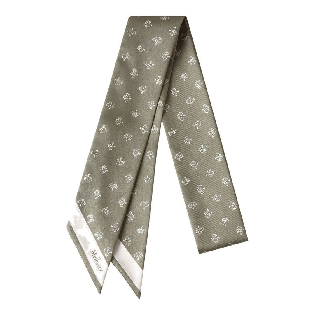 Mulberry Tree Skinny Scarf in camel with all-over white mulberry tree print, white border trim, and Mulberry logo at pointed ends - packshot