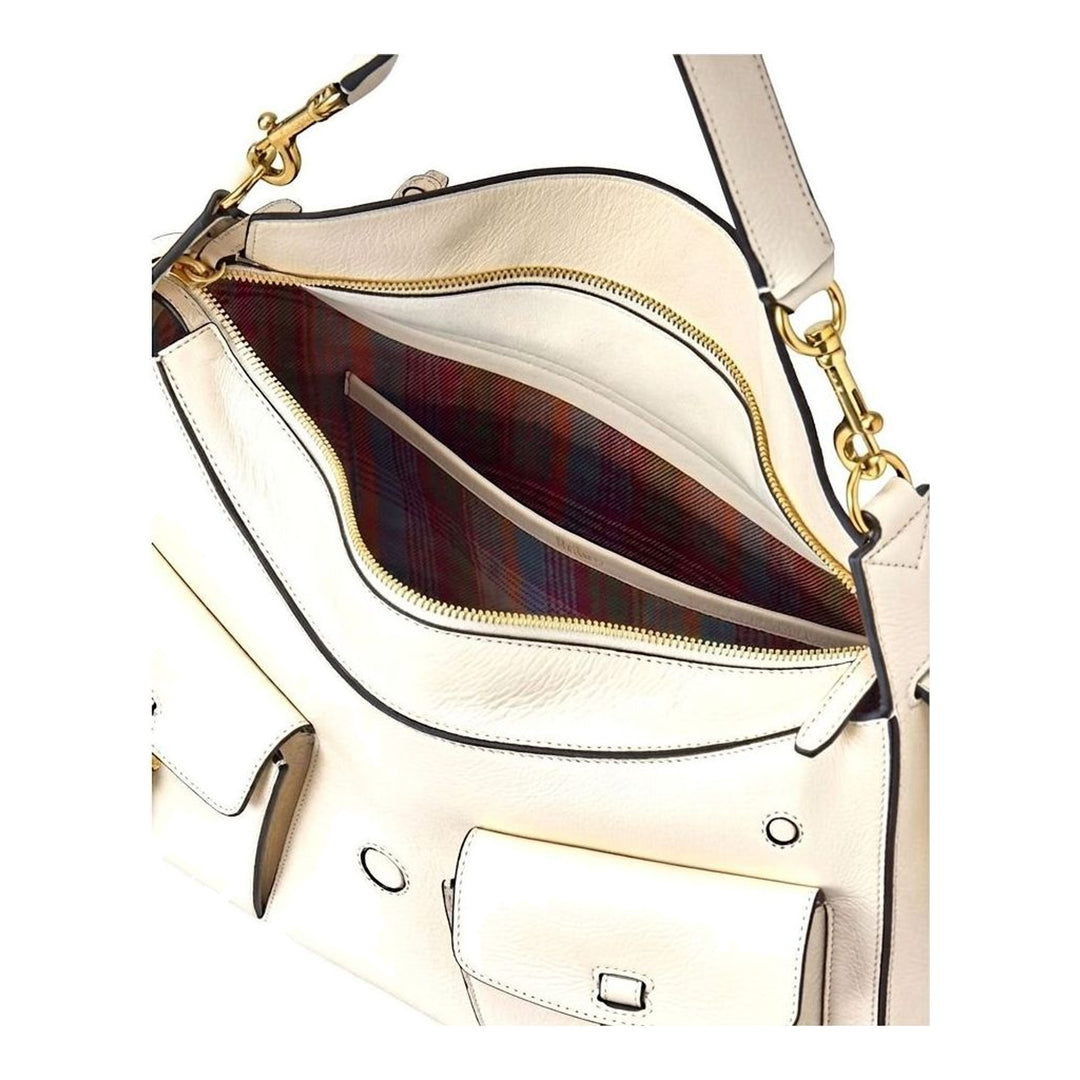 Mulberry Roxanne Medium Shoulder Bag in ivory pebbled leather with antique gold-tone hardware, dual front buckle pockets, and adjustable single shoulder strap - packshot