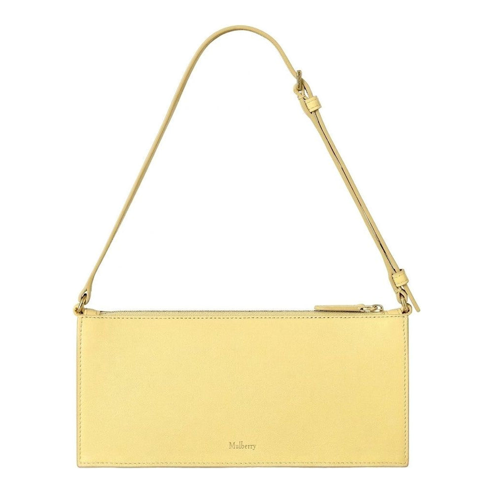Mulberry Roxanne mini shoulder bag in pale yellow leather with two buckled front pockets, top zip and adjustable strap - packshot