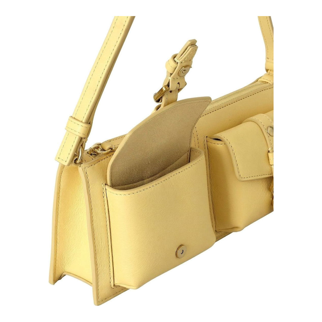 Mulberry Roxanne mini shoulder bag in pale yellow leather with two buckled front pockets, top zip and adjustable strap - packshot
