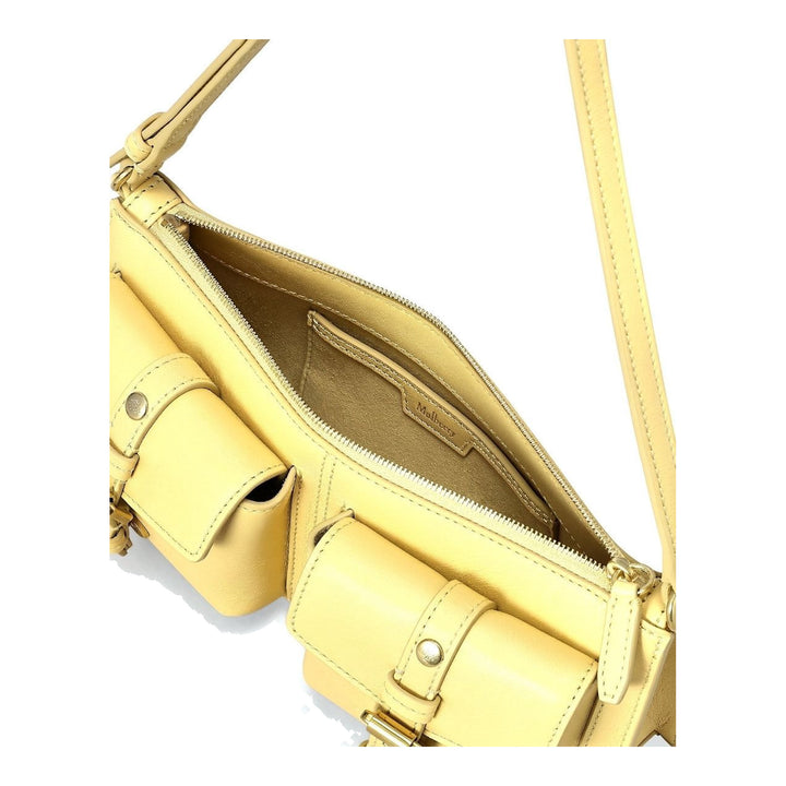 Mulberry Roxanne mini shoulder bag in pale yellow leather with two buckled front pockets, top zip and adjustable strap - packshot