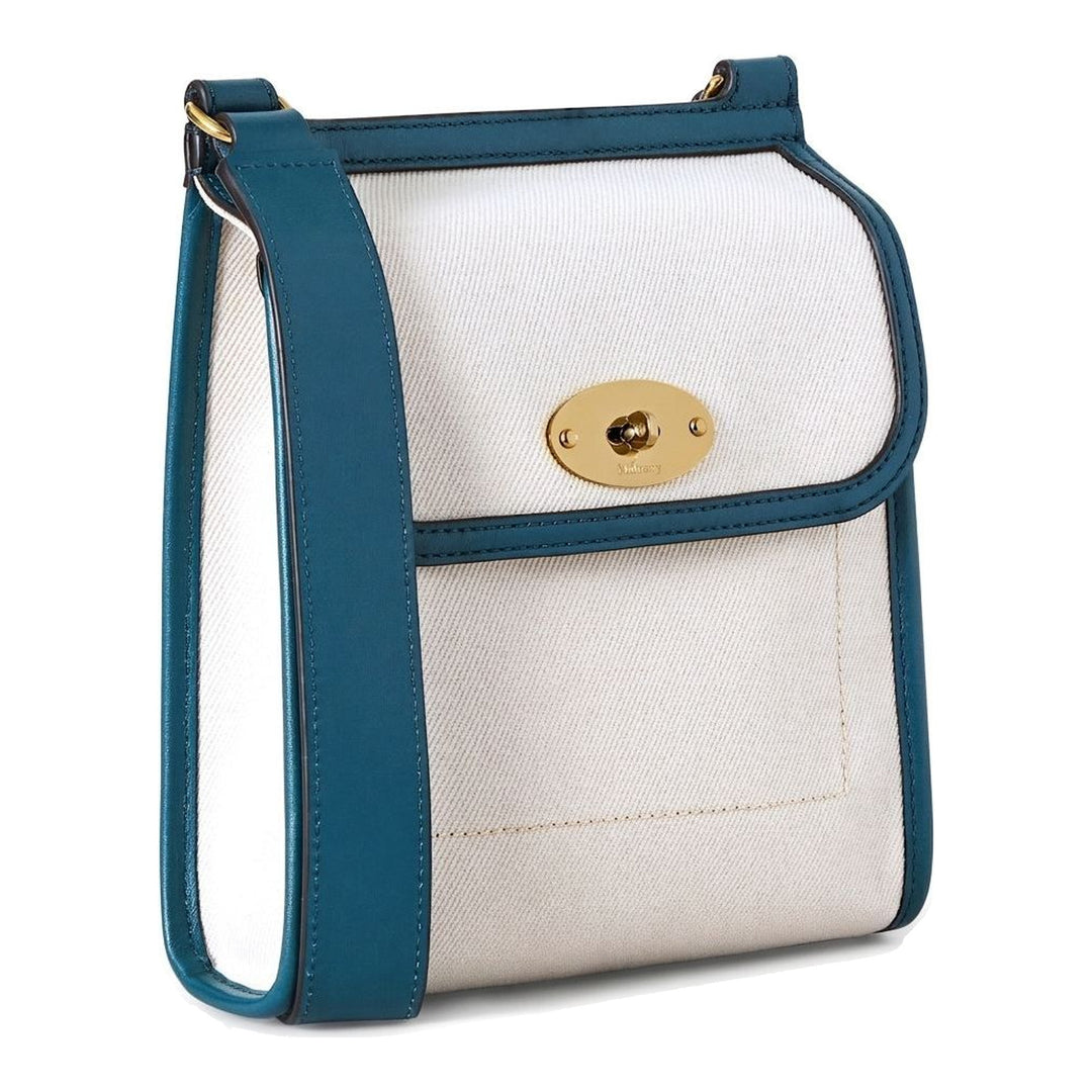 Mulberry Small Antony crossbody bag in natural twill canvas with teal leather trim, brass twist lock and adjustable leather strap - packshot