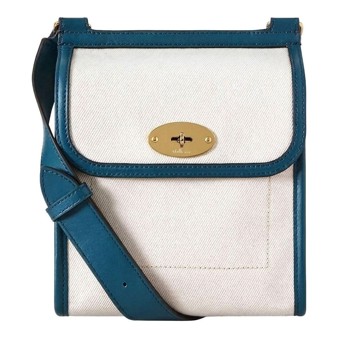 Mulberry Small Antony crossbody bag in natural twill canvas with teal leather trim, brass twist lock and adjustable leather strap - packshot