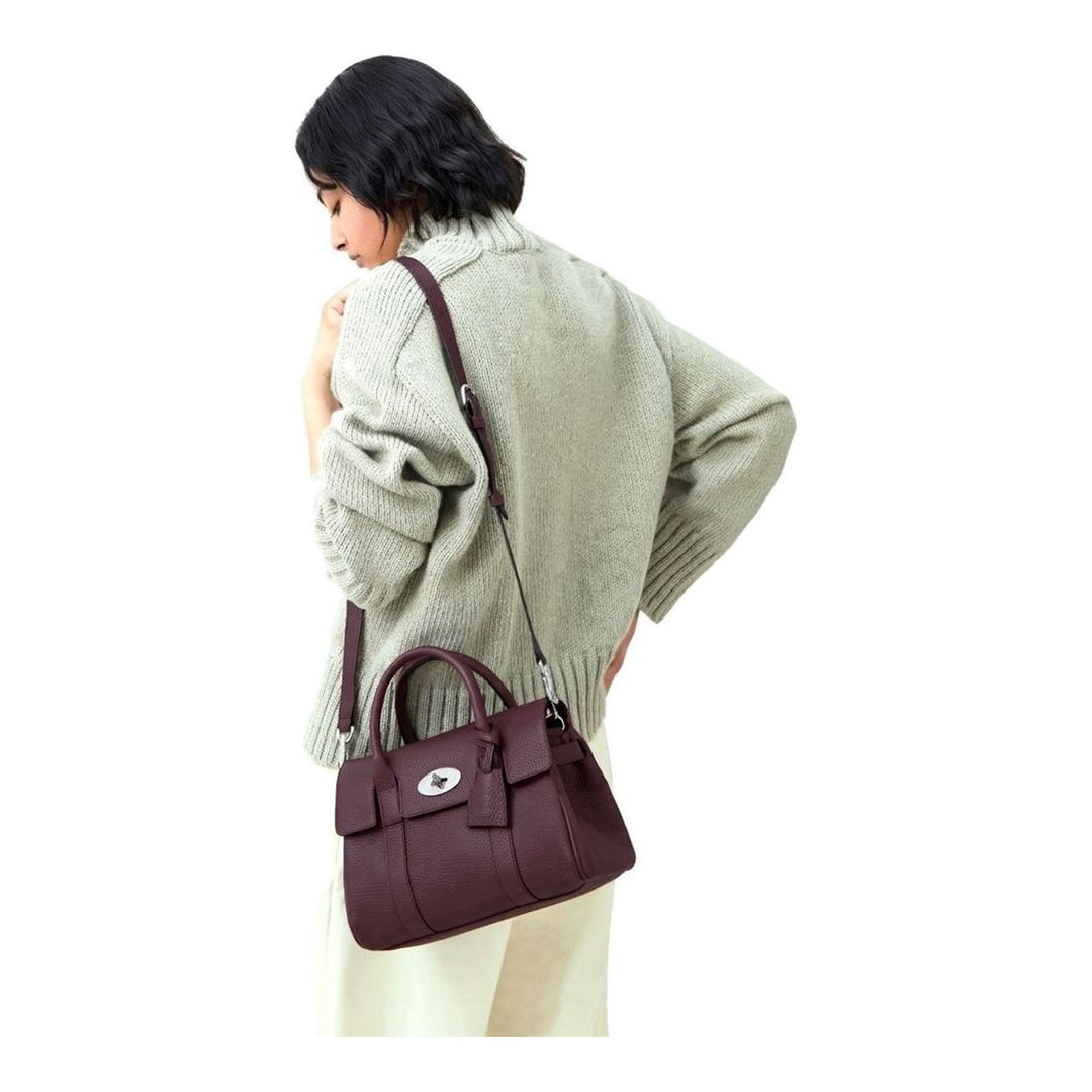 Mulberry Small Bayswater Satchel in deep burgundy pebbled leather with silver postman's lock closure, dual top handles and detachable shoulder strap - packshot
